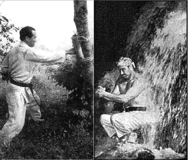 Mas Oyama traint alleen in de natuur en onder een waterval.
